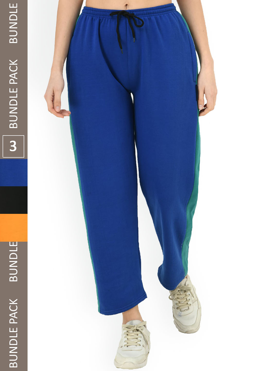 

IndiWeaves Women Pack of 3 Side Panel Detailed Fleece Track Pants, Blue