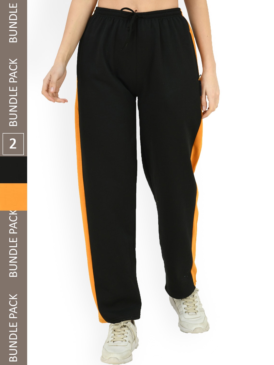 

IndiWeaves Women Pack of 2 Side Panel Detailed Fleece Track Pants, Black