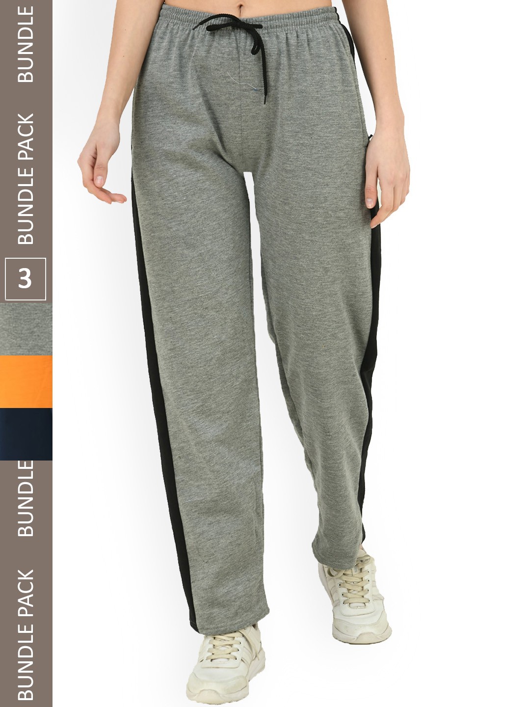 

IndiWeaves Women Pack of 3 Side Panel Detailed Fleece Track Pants, Grey