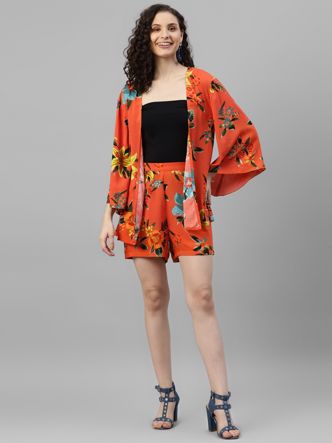

DEEBACO Floral Printed Shrug With Shorts Co-Ords, Orange