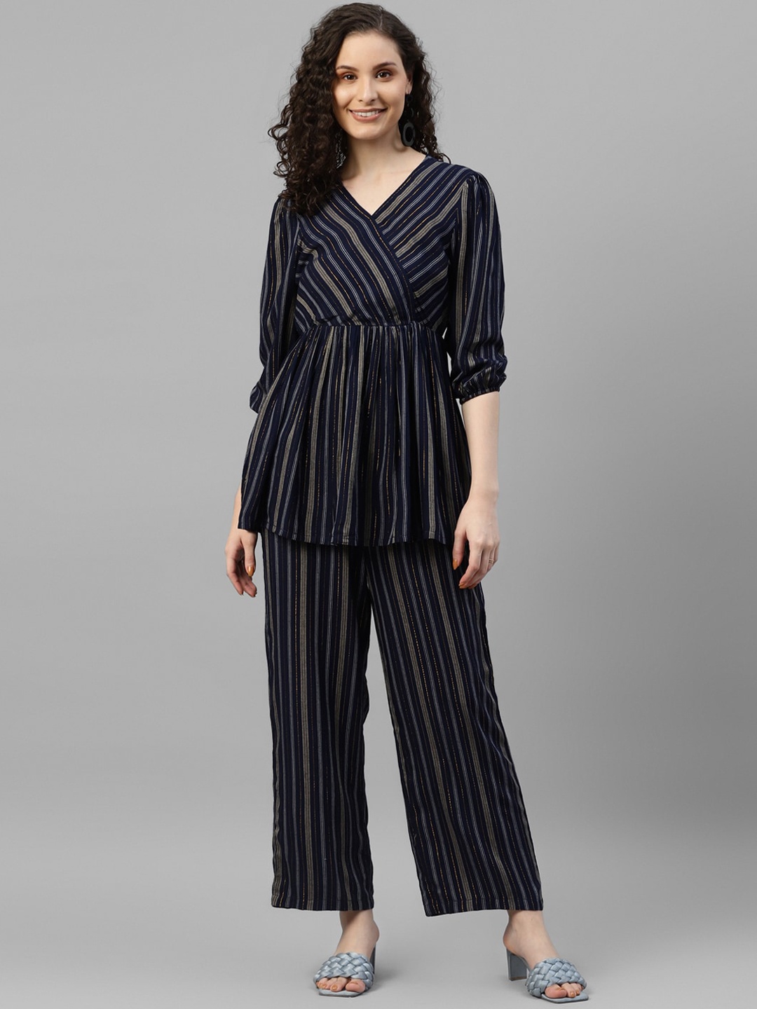 

DEEBACO Striped Peplum Top & Trouser Co-Ords, Navy blue