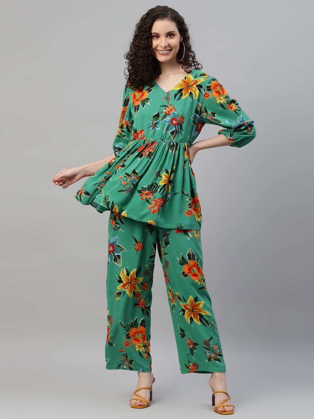 

DEEBACO Printed Peplum Top & Trouser Co-Ords, Green