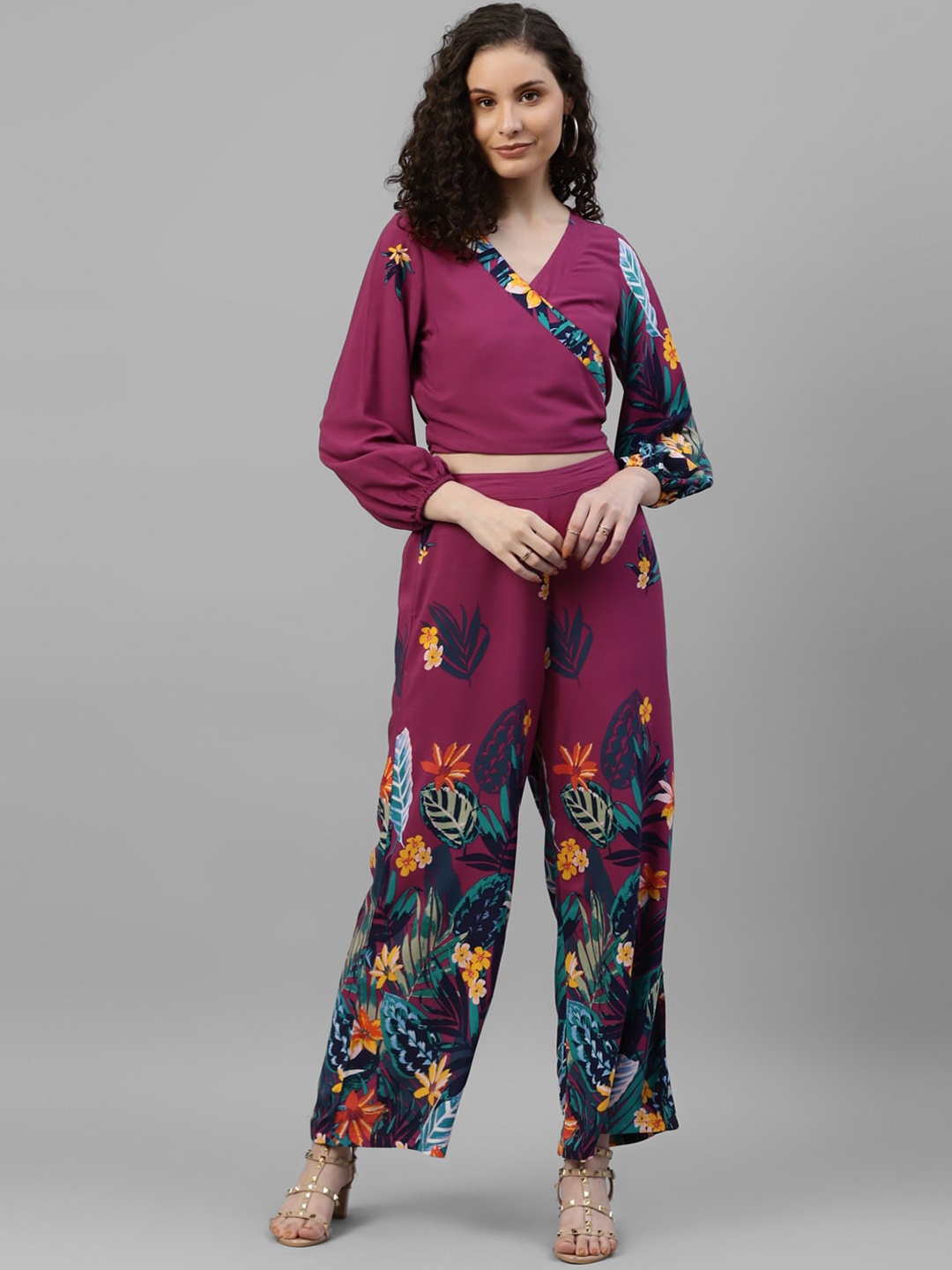 

DEEBACO Printed V-Neck Top With Trouser, Magenta