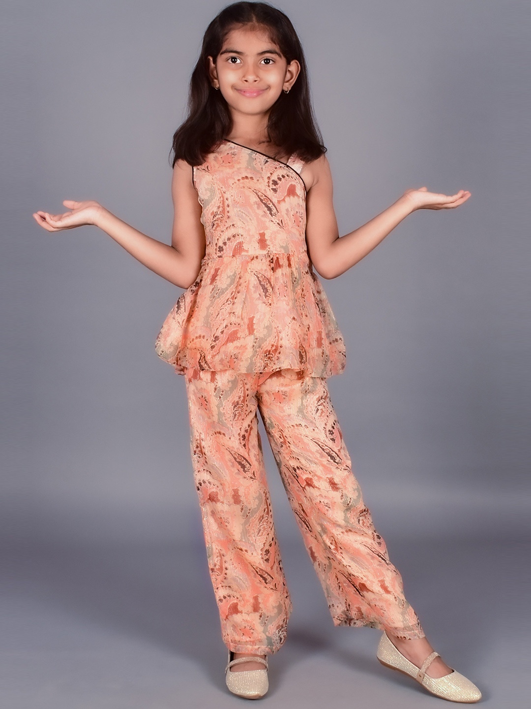 

misbis Girls Floral Printed Georgette Kurta with Palazzos, Peach