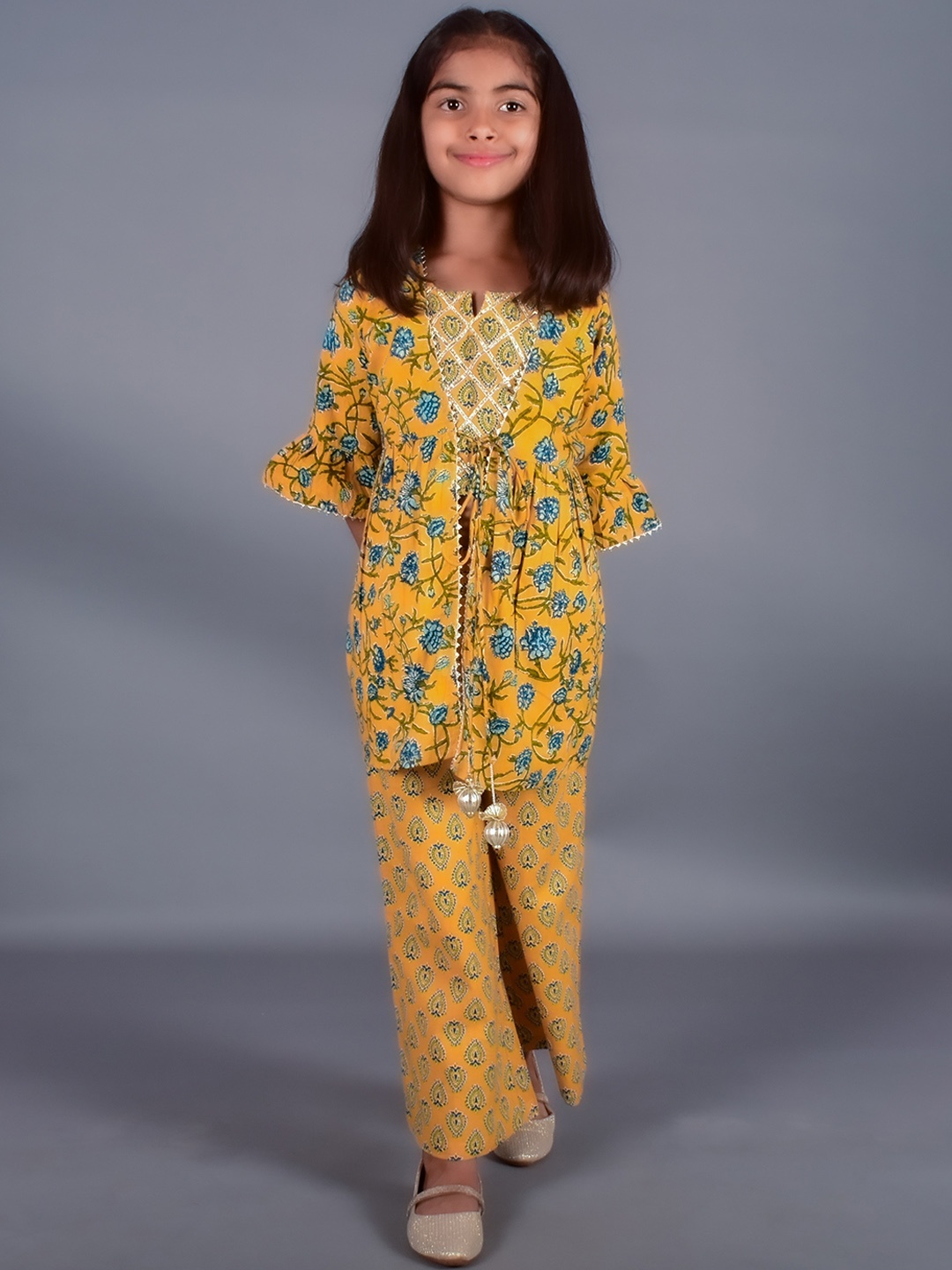 

misbis Girls Floral Printed Gotta Patti Pure Cotton Top With Palazzos & Jacket, Yellow