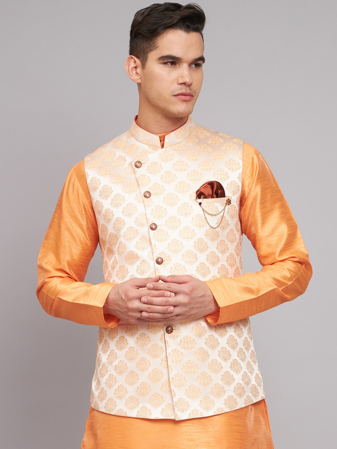 

MAXENCE Mandarin Collar Woven Design Nehru Jackets, White