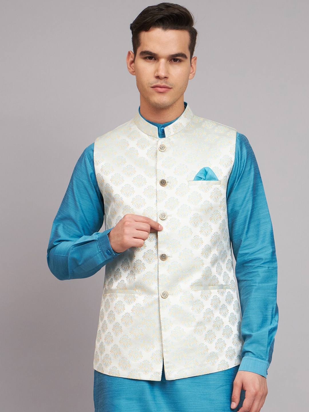 

MAXENCE Mandarin Collar Woven Design Nehru Jackets, Off white