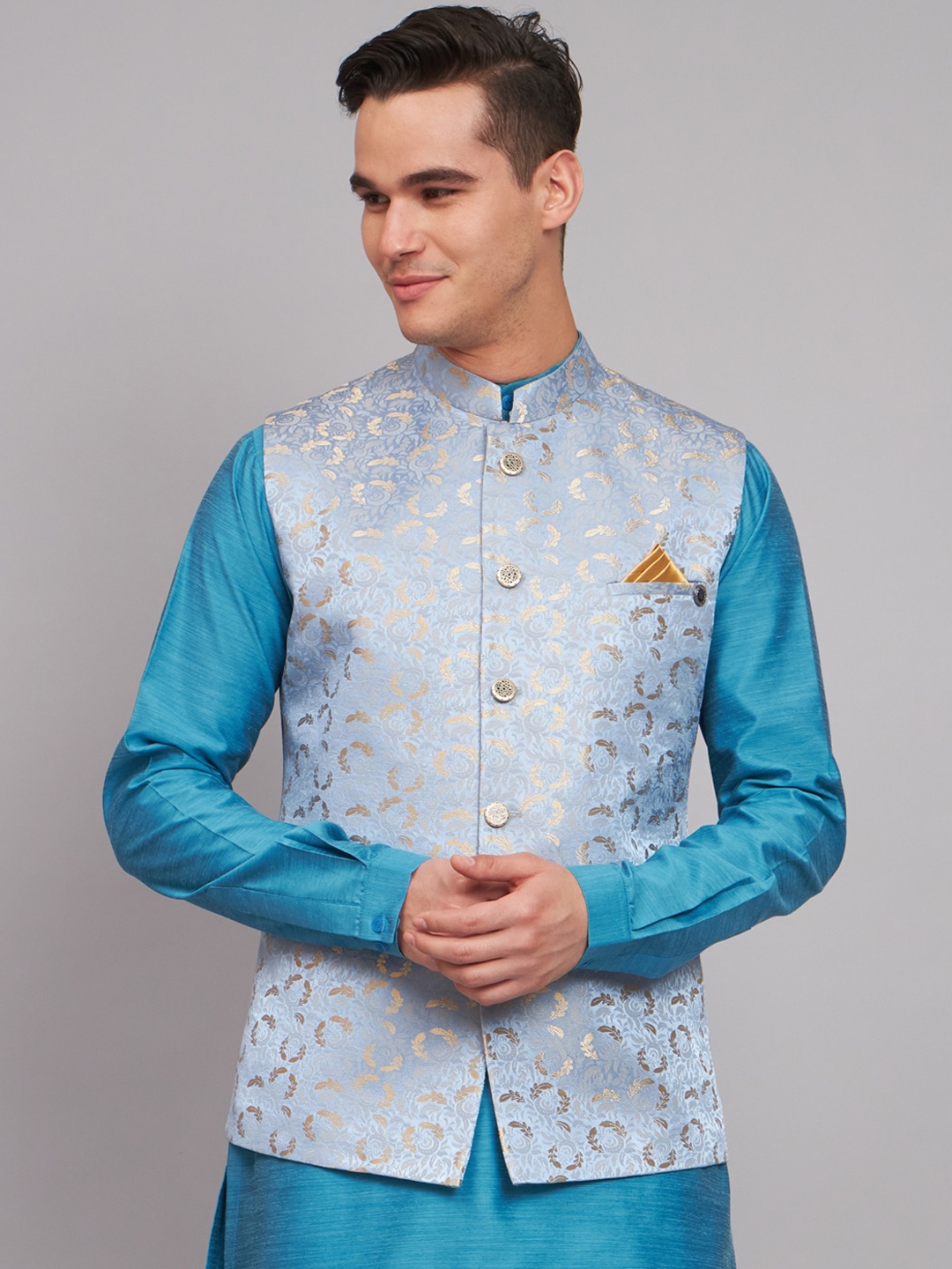 

MAXENCE Mandarin Collar Woven Design Nehru Jackets, Grey