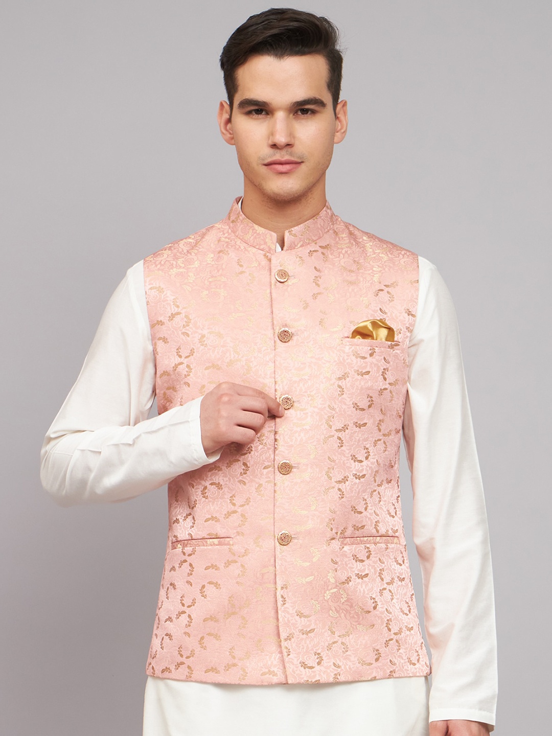 

MAXENCE Mandarin Collar Woven Design Nehru Jackets, Pink