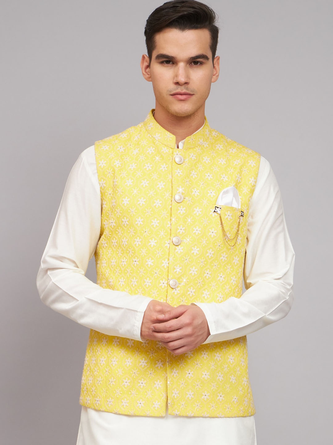 

MAXENCE Mandarin Collar Embroidered Nehru Jackets, Yellow