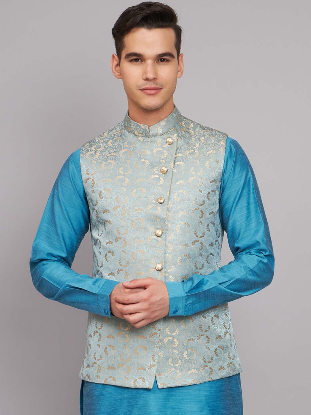 

MAXENCE Mandarin Collar Woven Design Nehru Jackets, Grey