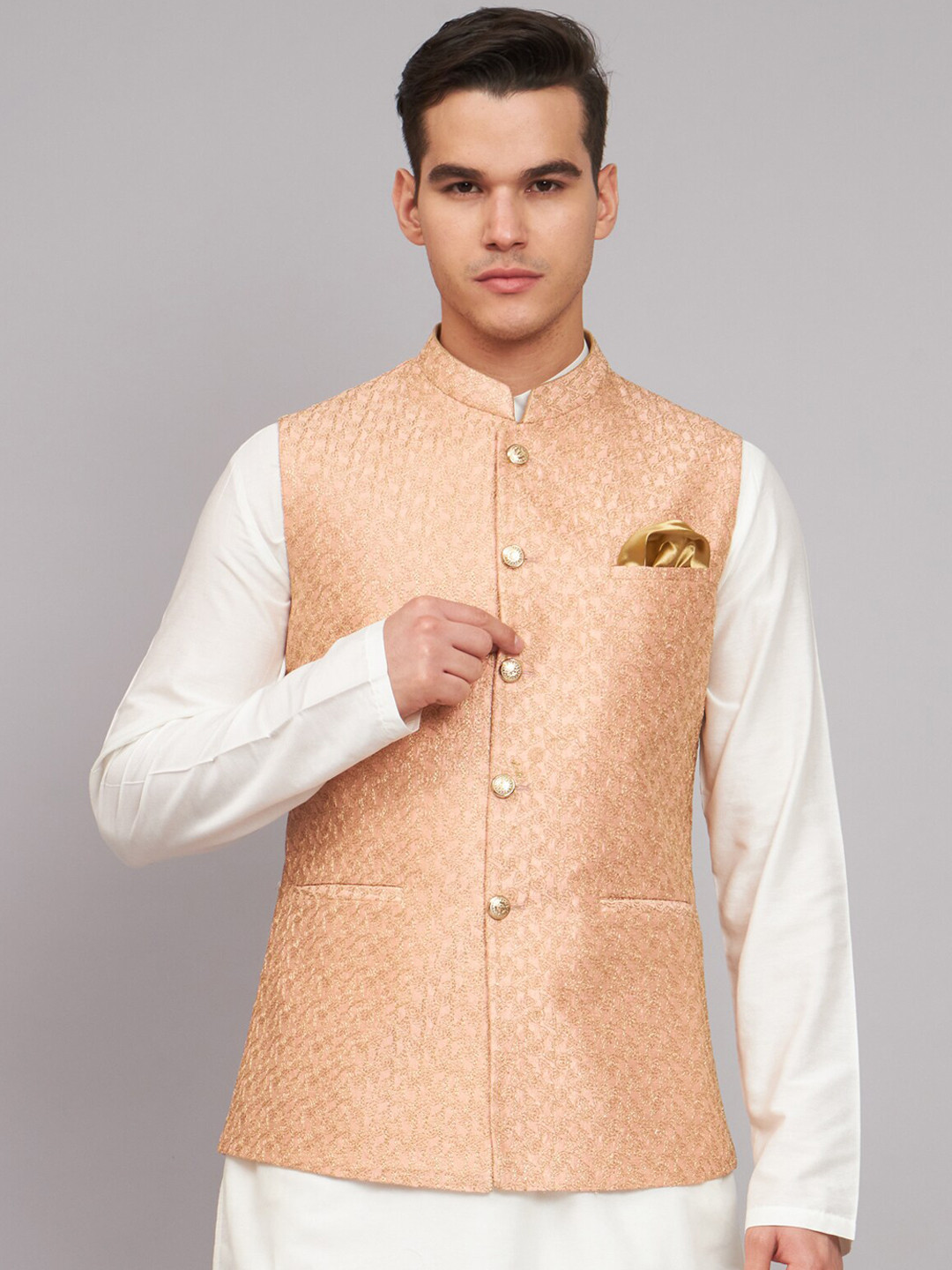 

MAXENCE Mandarin Collar Woven-Design Nehru Jacket, Peach
