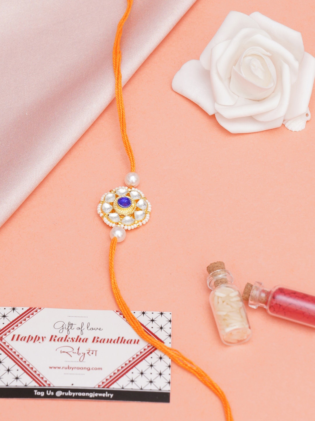 

Ruby Raang Men Kundan-studded Rakhi With Gift Box, Gold