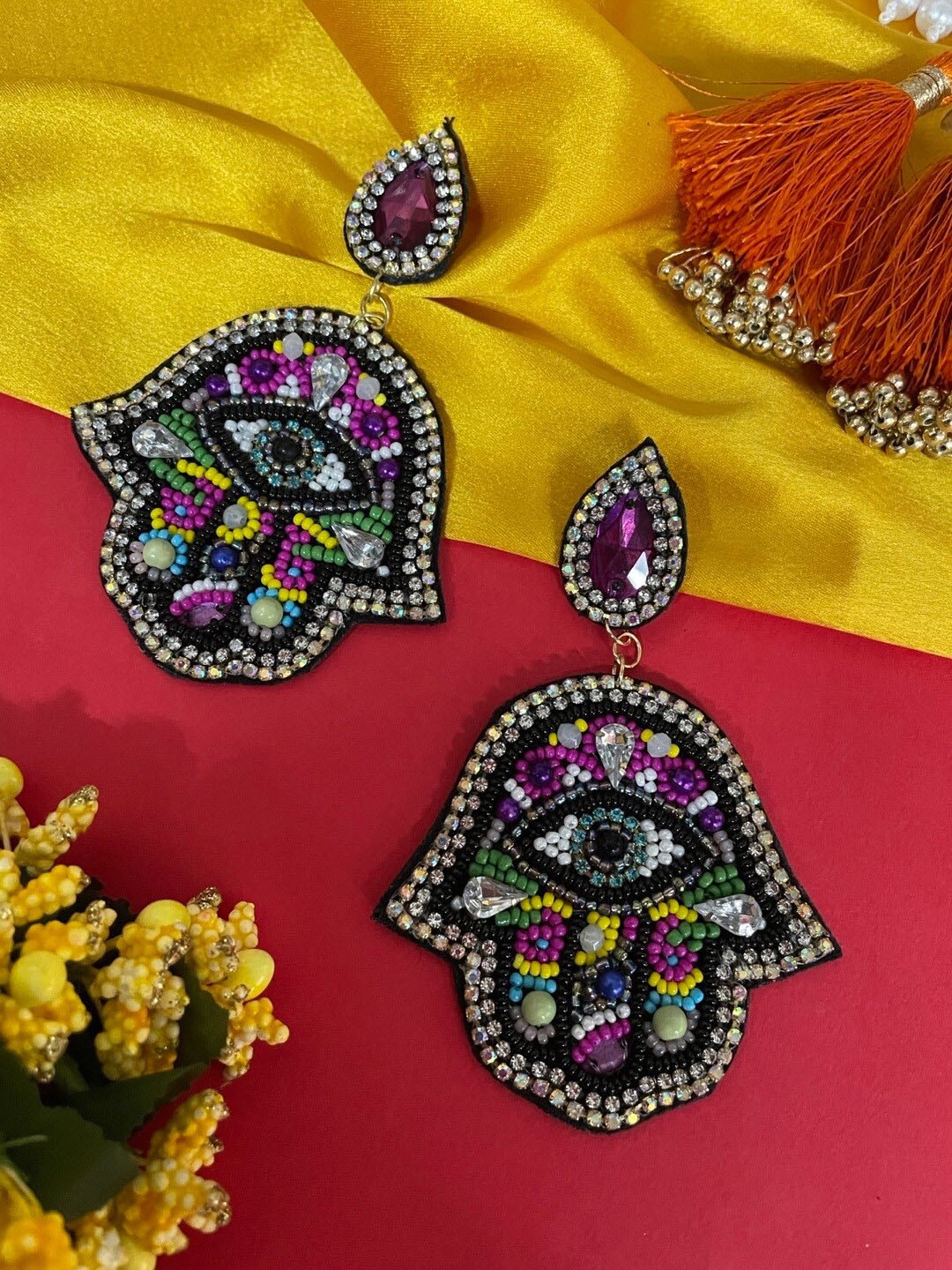 

Digital Dress Room Evil Eye Classic Stones Studded Beaded Drop Earrings, Purple