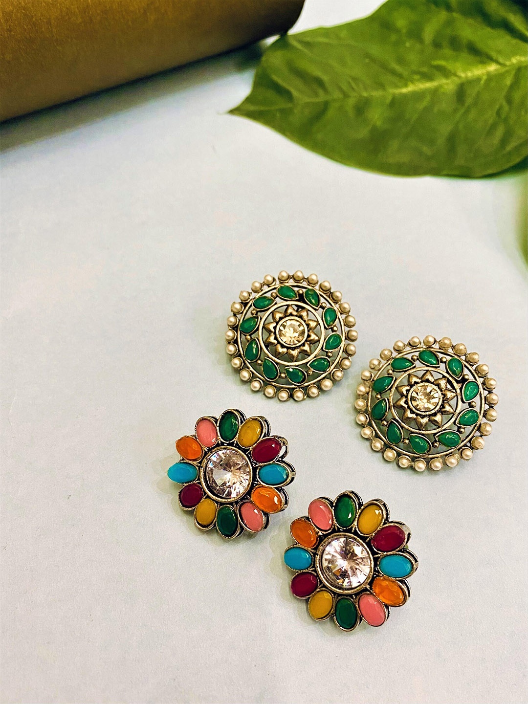 

ATIBELLE Set Of 3 Silver-Plated Kundan-Studded Studs Earrings