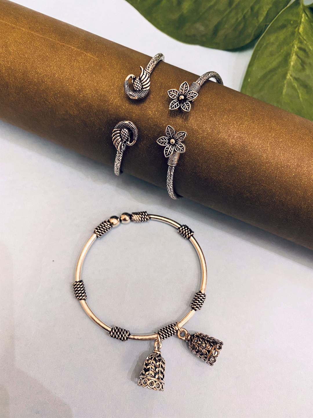 

ATIBELLE Set Of 3 Silver-Plated German Silver Floral-Peacock Shaped Bangles