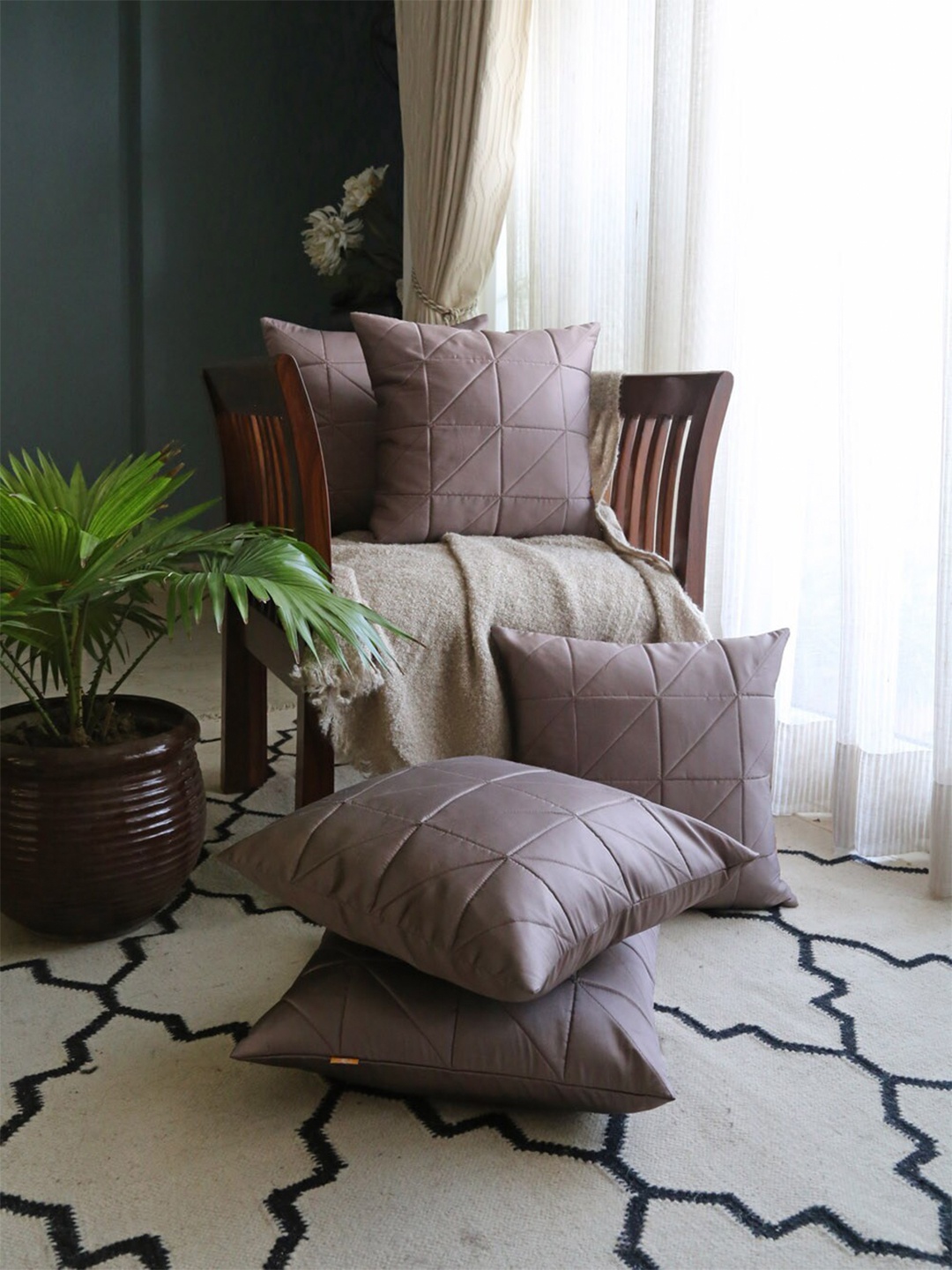 

ANS Taupe & Brown 5 Pieces Quilted Square Cushion Covers