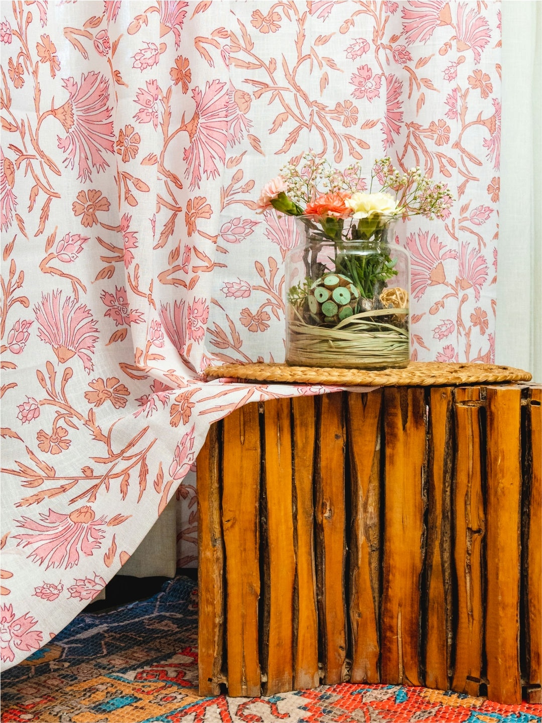 

URBAN SPACE 2 Pieces White & Pink Floral Sheer Long Door Curtain