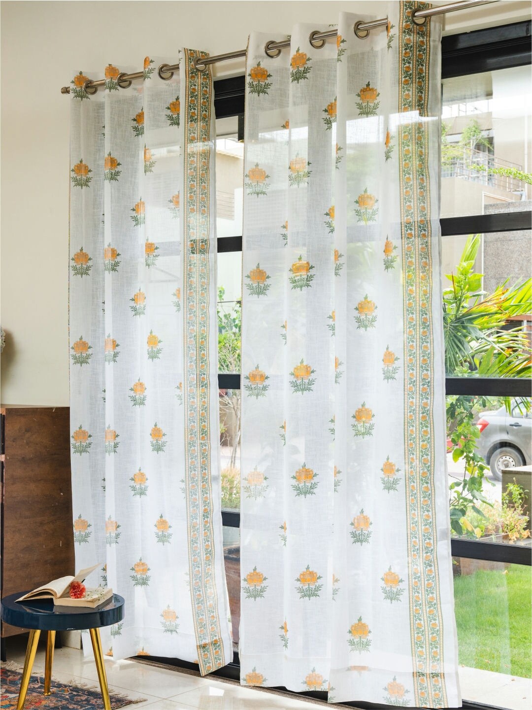 

URBAN SPACE 2 Pieces White & Yellow Floral Sheer Long Door Curtain