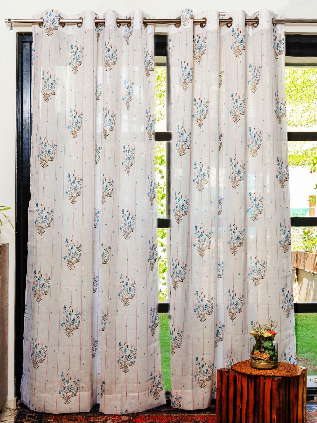 

URBAN SPACE 2 Pieces White & Blue Floral Sheer Long Door Curtain