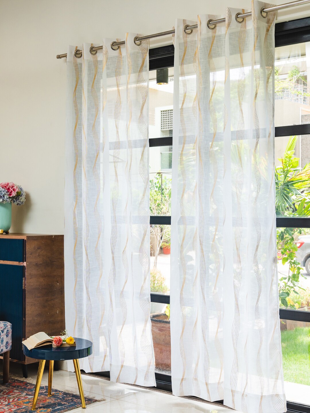 

URBAN SPACE White & Gold-Toned 2 Pieces Printed Sheer Window Curtains