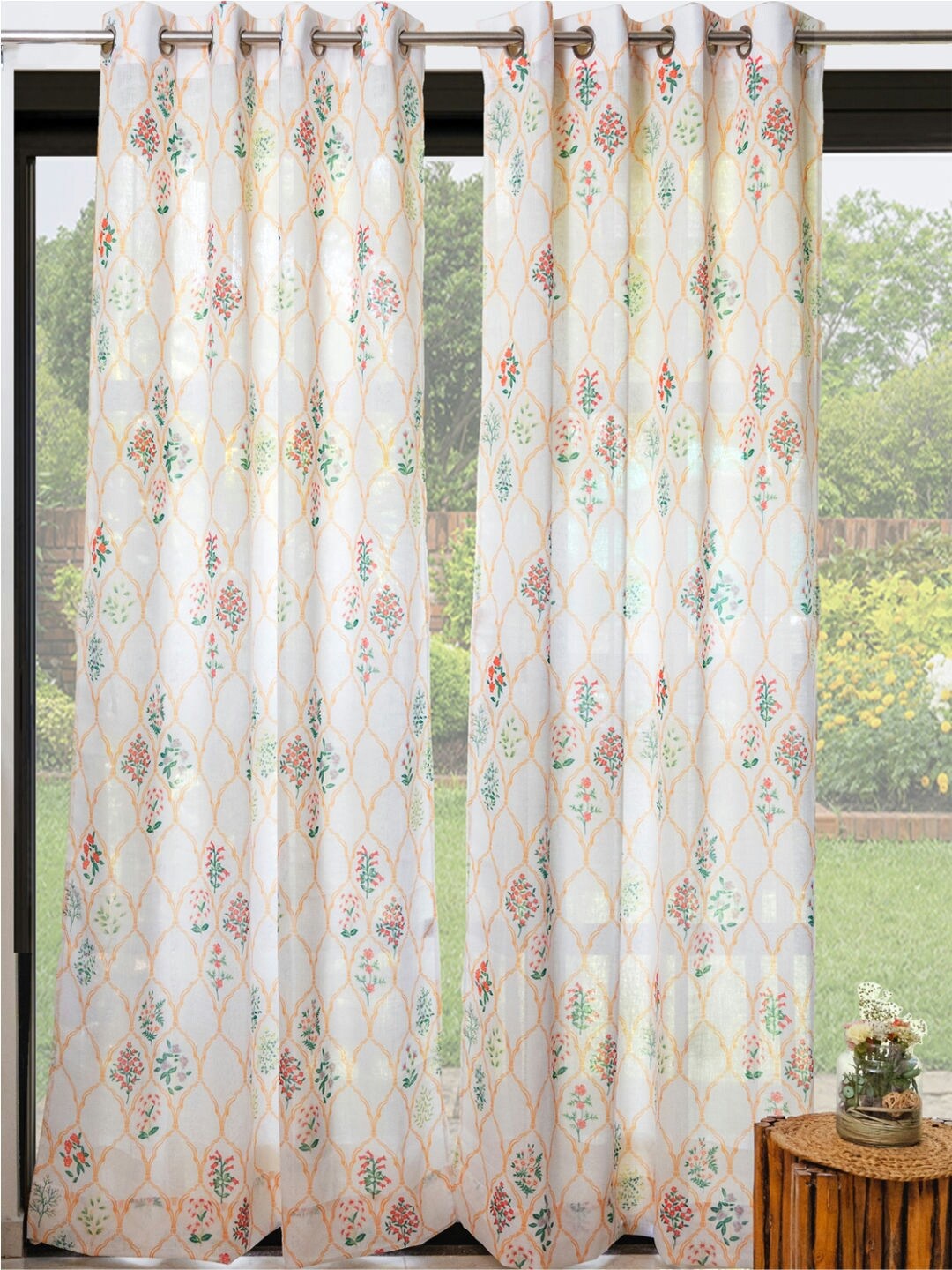 

URBAN SPACE Cream-Coloured & Red 2 Pieces Floral Sheer Window Curtains