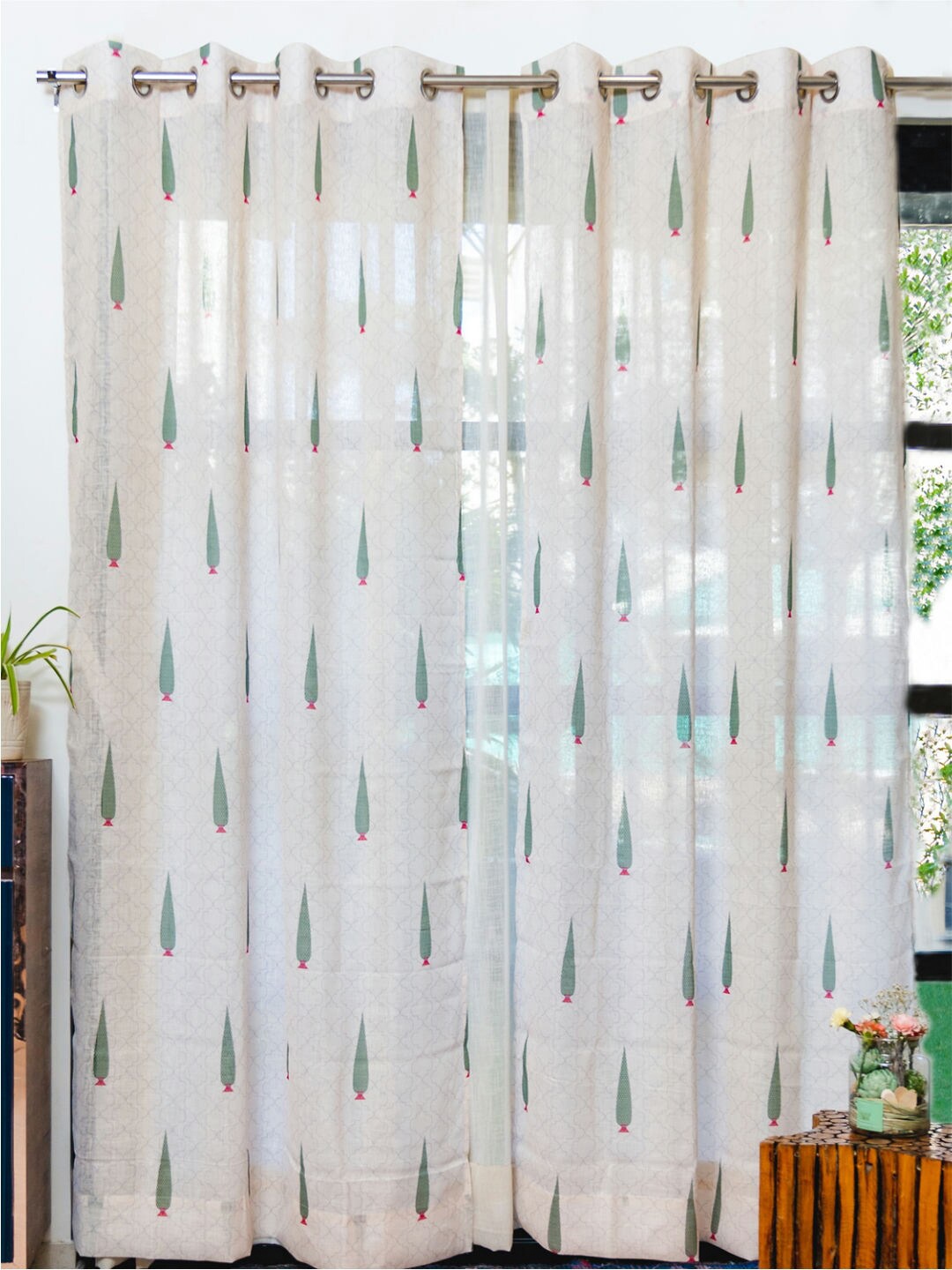 

URBAN SPACE White & Green Set of 2 Ethnic Motifs Sheer Window Curtain