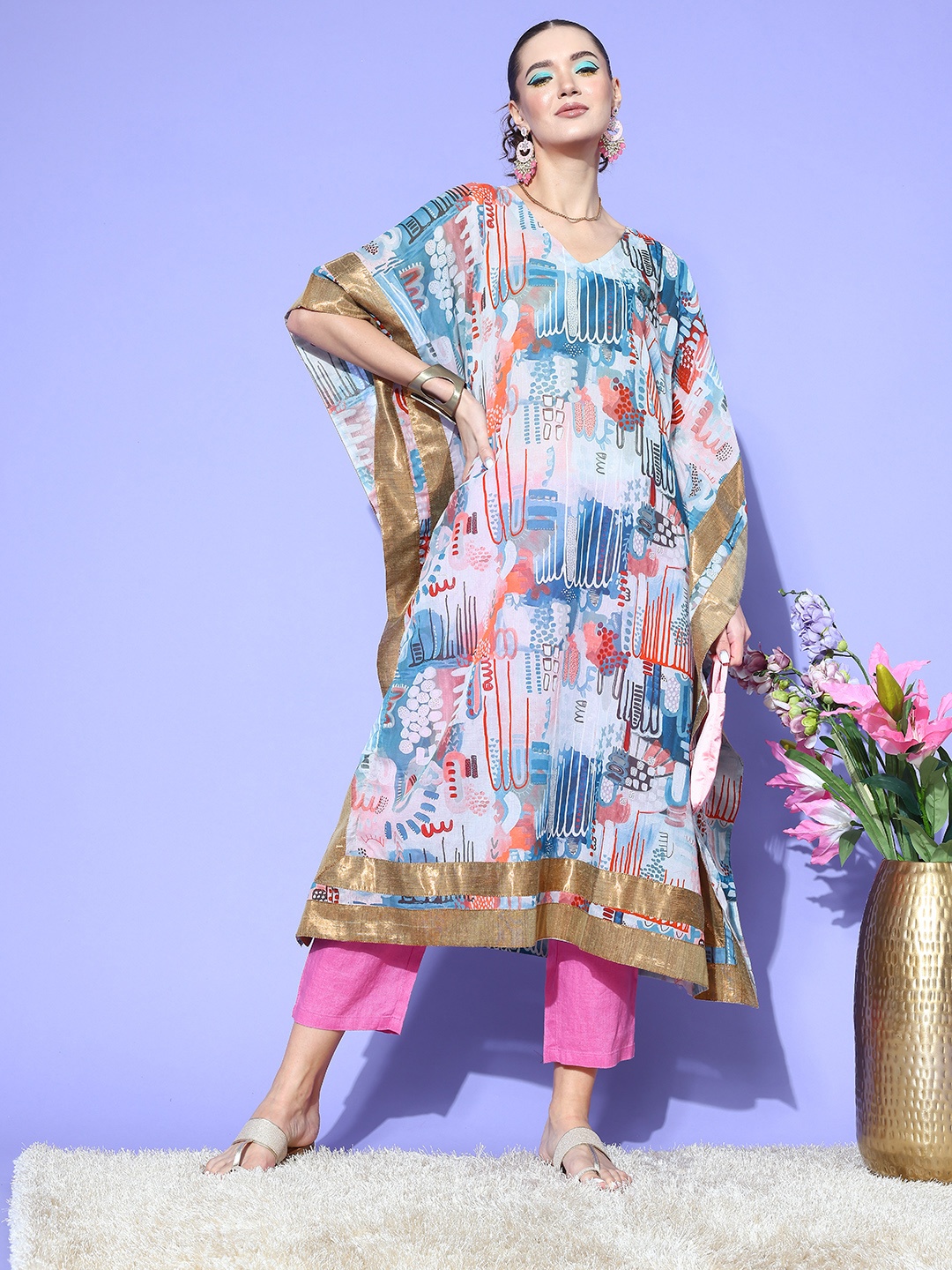 

InWeave Abstract Printed Flared Sleeves Kaftan Kurta, Blue