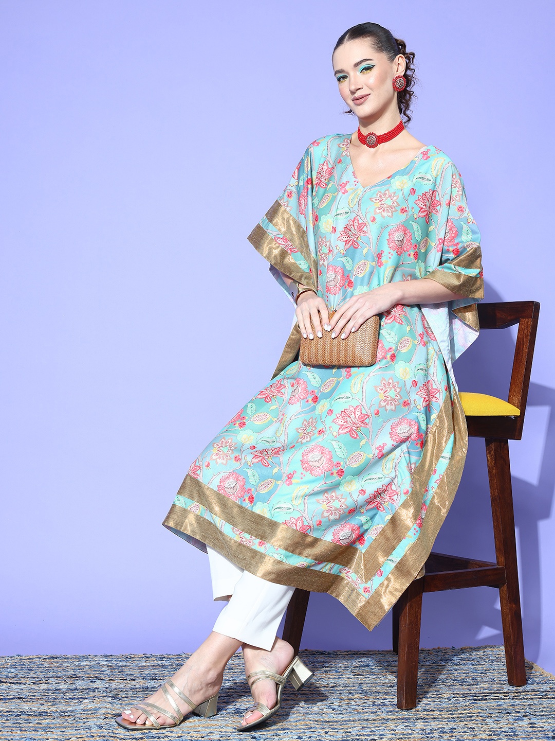 

InWeave Floral Printed Flared Sleeves Kaftan Kurta, Blue