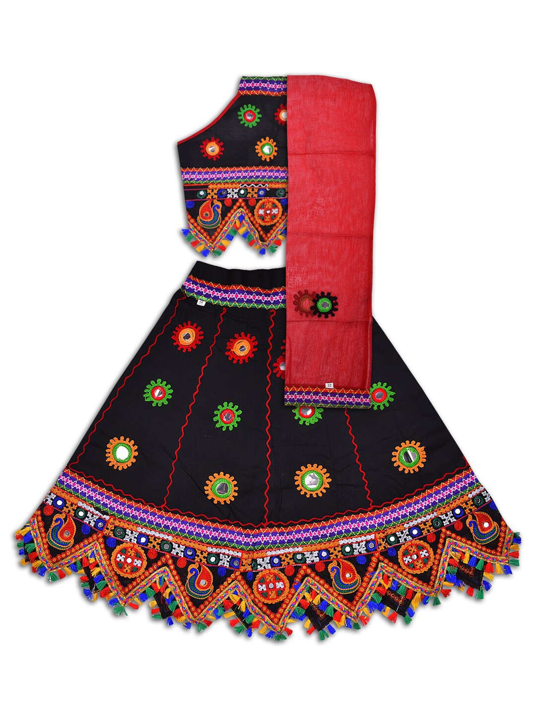 

Wish Karo Girls Embroidered Mirror Work Ready to Wear Cotton Lehenga & Blouse With Dupatta, Black