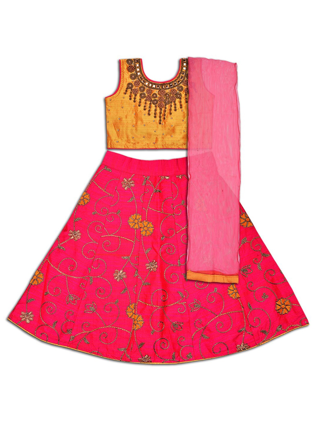 

Wish Karo Girls Embroidered Zardozi Ready to Wear Lehenga & Blouse With Dupatta, Yellow