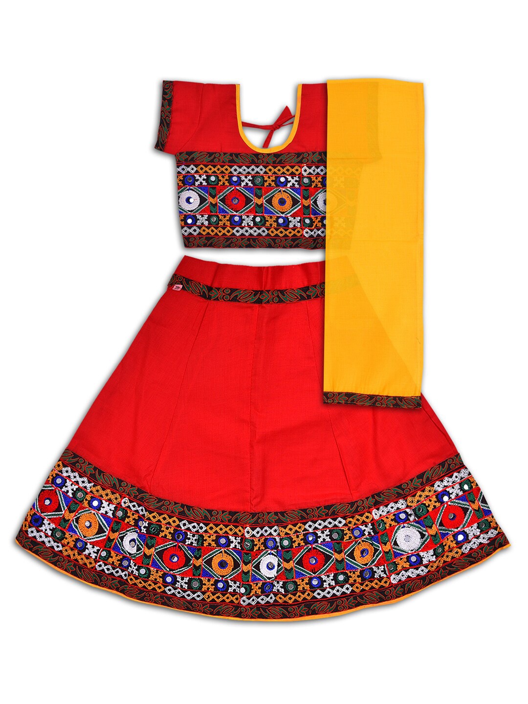 

Wish Karo Girls Embroidered Mirror Work Ready to Wear Cotton Lehenga & Blouse With Dupatta, Red