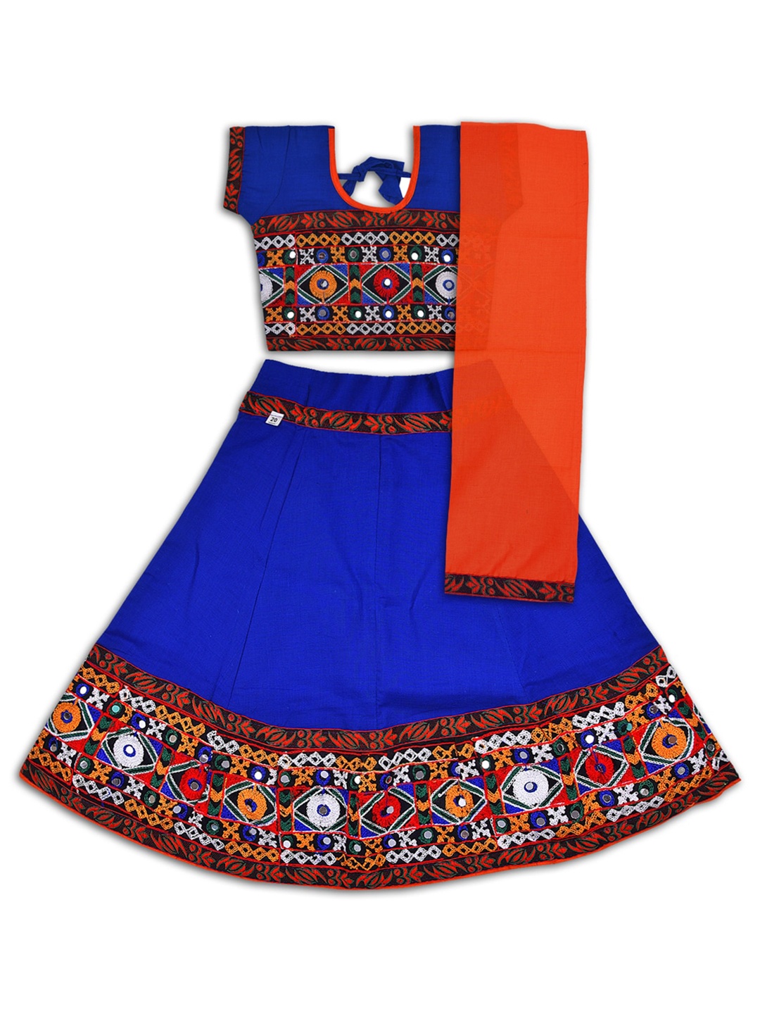 

Wish Karo Girls Embroidered Mirror Work Cotton Ready to Wear Lehenga & Blouse With Dupatta, Blue
