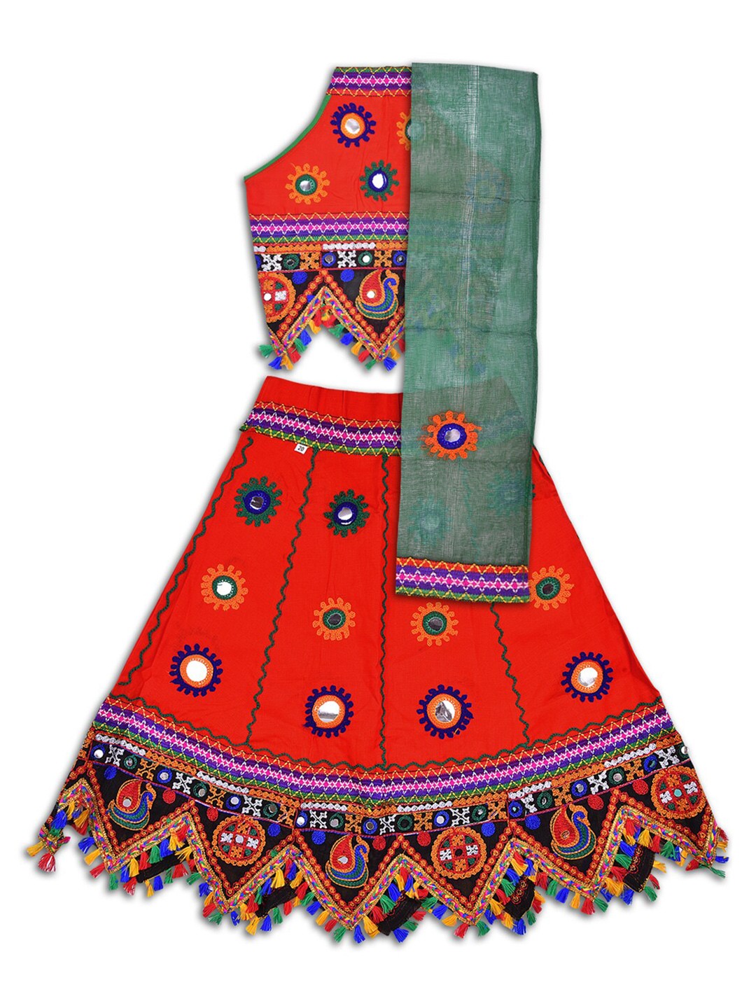 

Wish Karo Girls Embroidered Mirror Work Ready to Wear Lehenga & Blouse With Dupatta, Orange