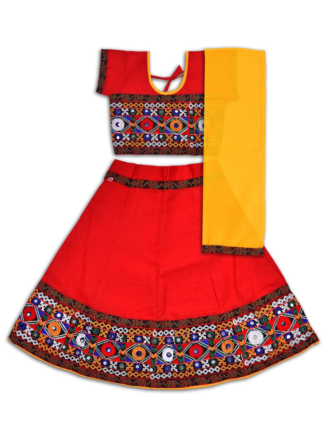 

Wish Karo Girls Embroidered Thread Work Ready to Wear Cotton Lehenga & Blouse With Dupatta, Red