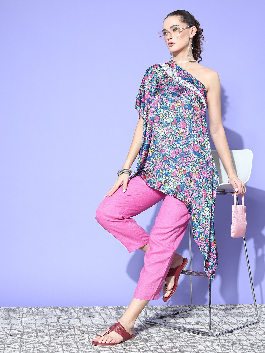 

InWeave Floral Printed One Shoulder Flared Sleeve Satin High-Low Top, Multi