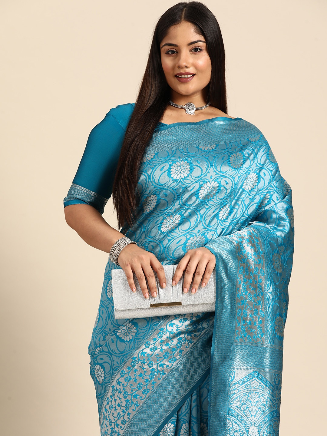 

Sztori Floral Zari Silk Blend Kanjeevaram Saree, Turquoise blue