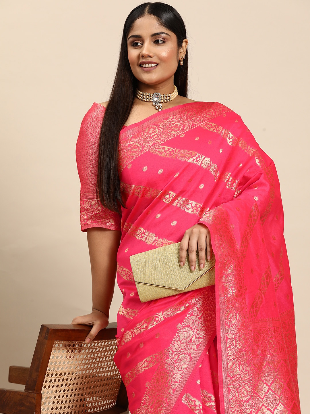 

Sztori Woven Design Ethnic Motifs Zari Silk Blend Banarasi Saree, Pink