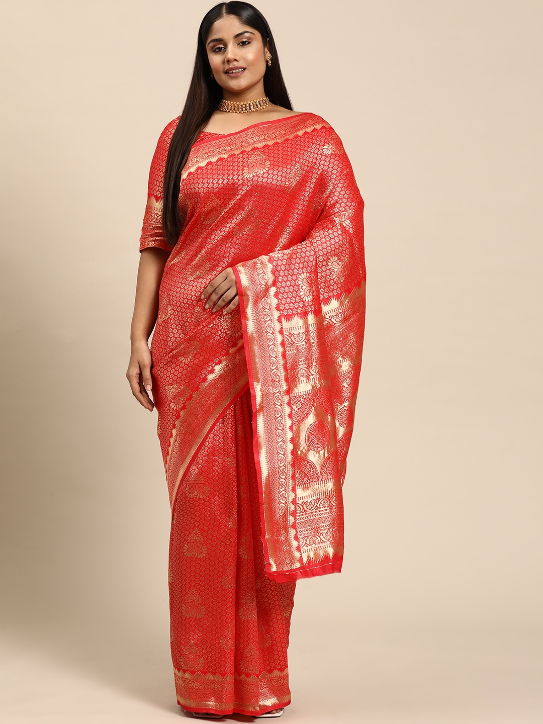 

Sztori Woven Design Ethnic Motifs Zari Banarasi Saree, Red