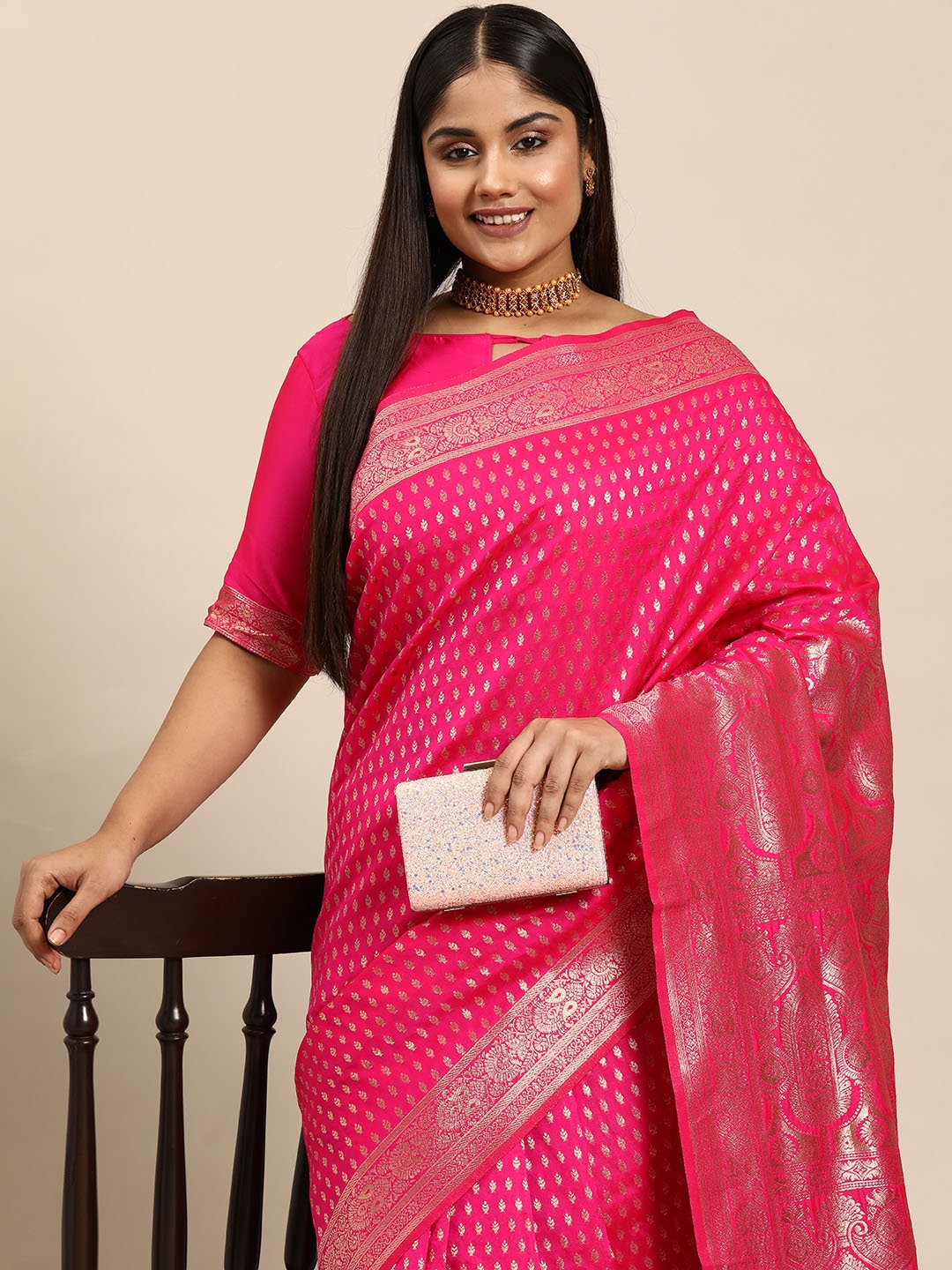 

Sztori Woven Design Ethnic Motifs Zari Kanjeevaram Saree, Pink