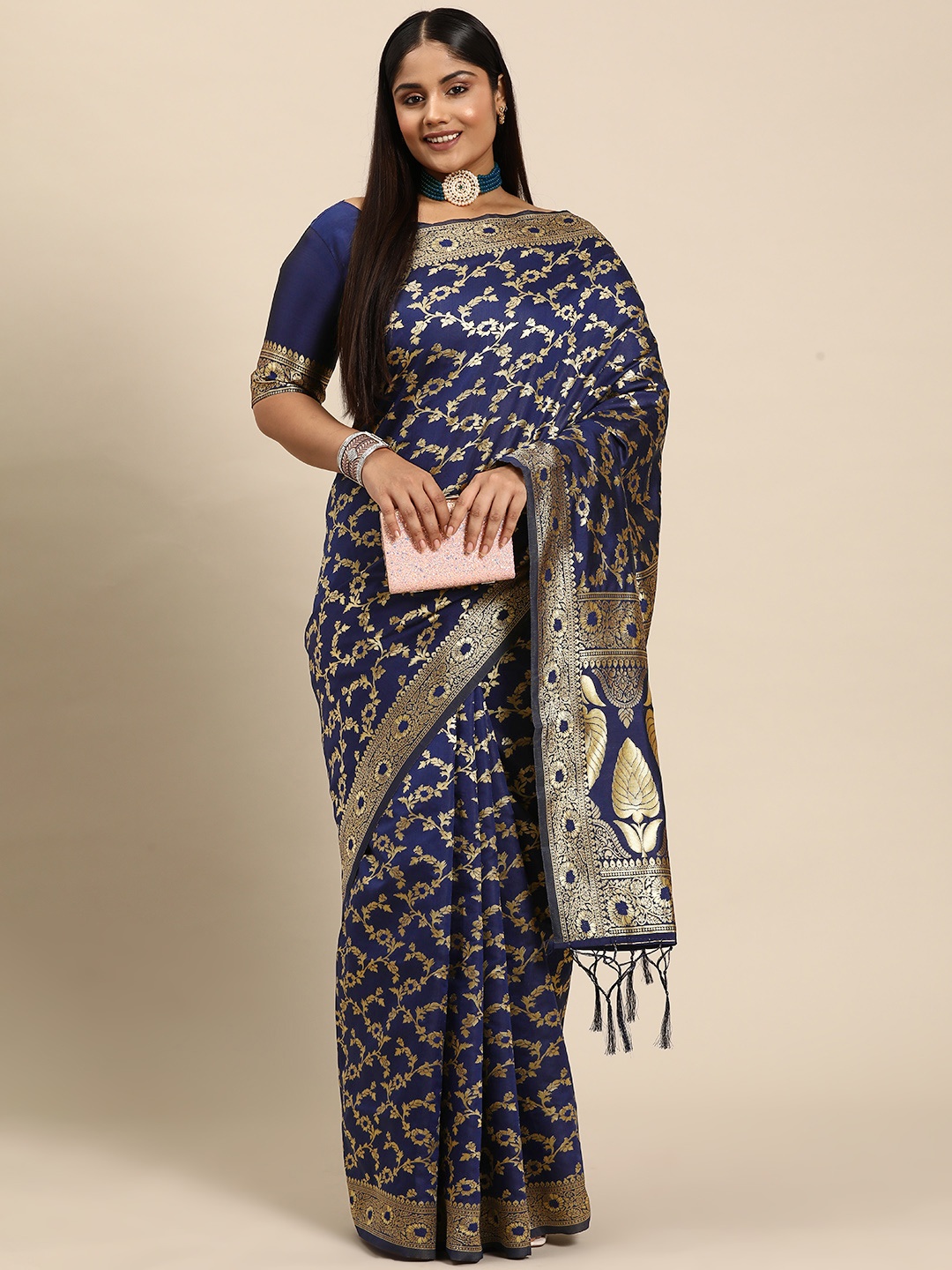 Sztori Floral Zari Silk Blend Banarasi Saree, Navy blue
