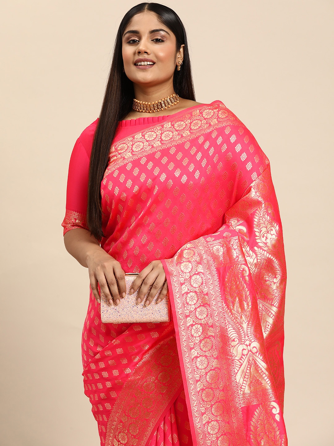 

Sztori Ethnic Motifs Zari Silk Blend Banarasi Saree, Pink