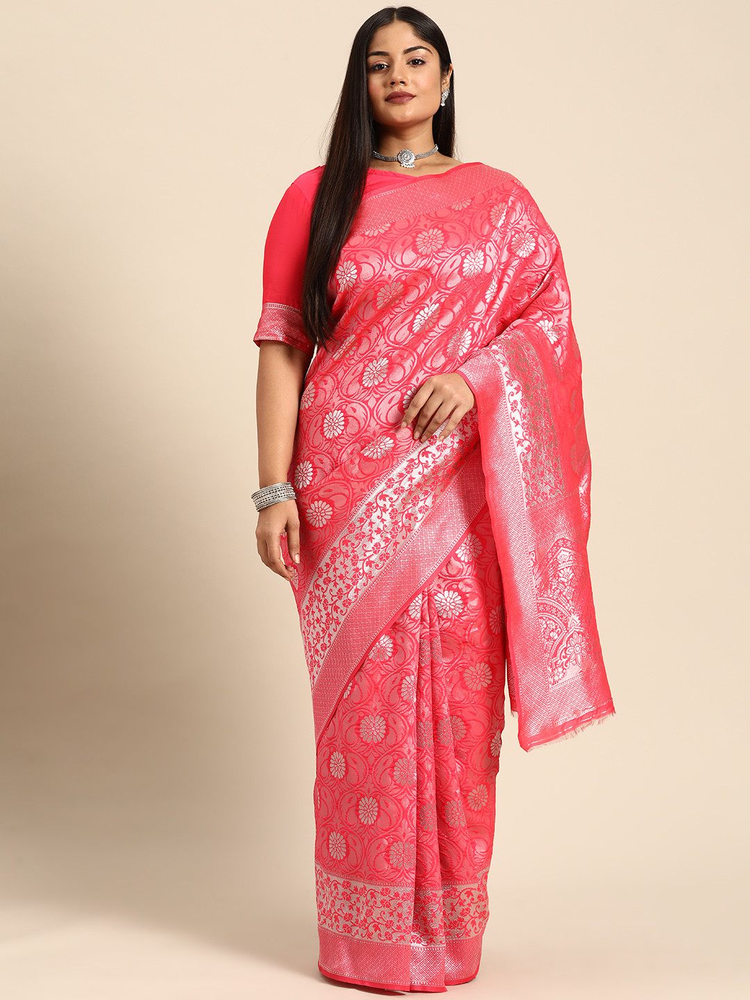 

Sztori Ethnic Motifs Zari Kanjeevaram Saree, Pink