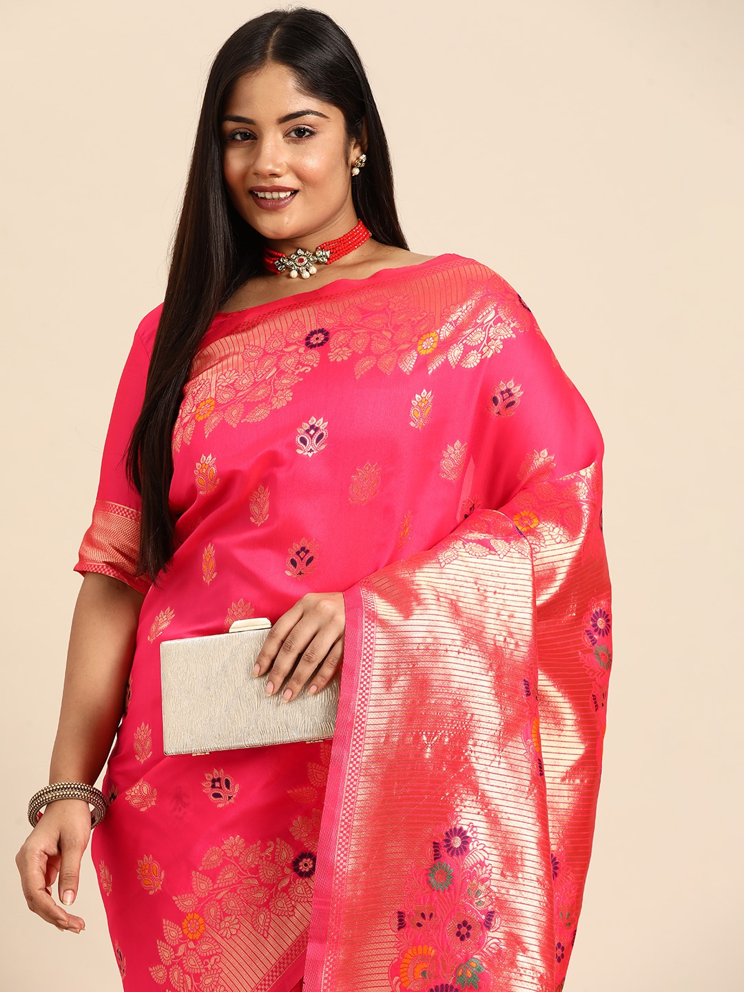 

Sztori Ethnic Motifs Zari Kanjeevaram Saree, Pink