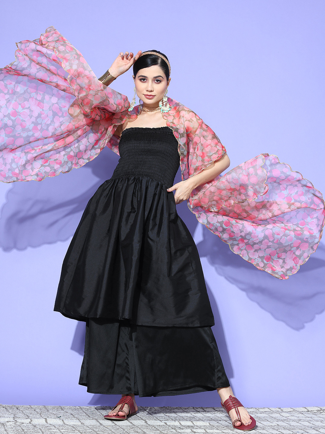 

InWeave Women Off-Shoulder Smocked Detail Fusion Kurta Set With Scalloped Detail Dupatta, Black