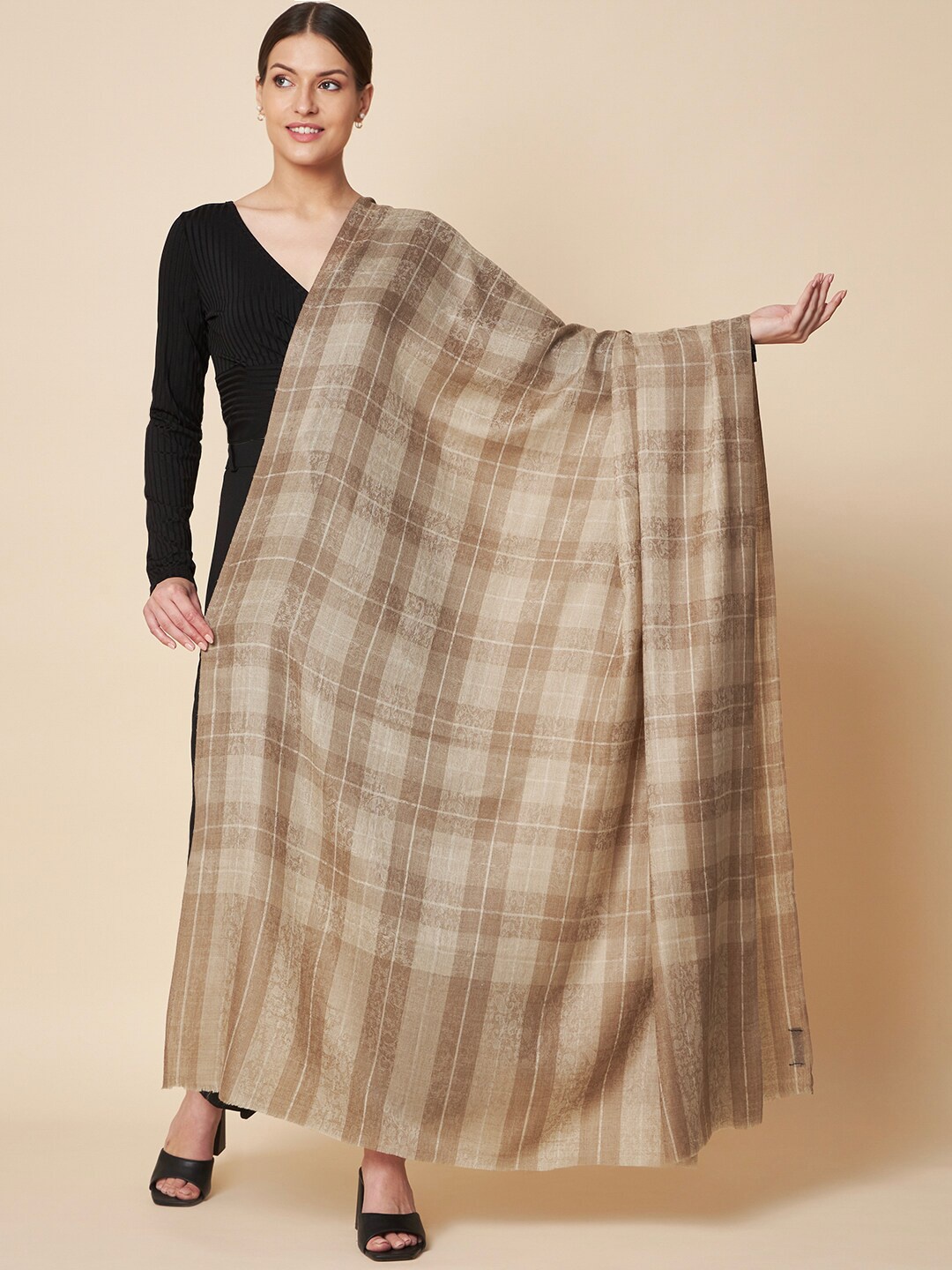 

Pashtush Checked Wool Blend Shawl, Taupe