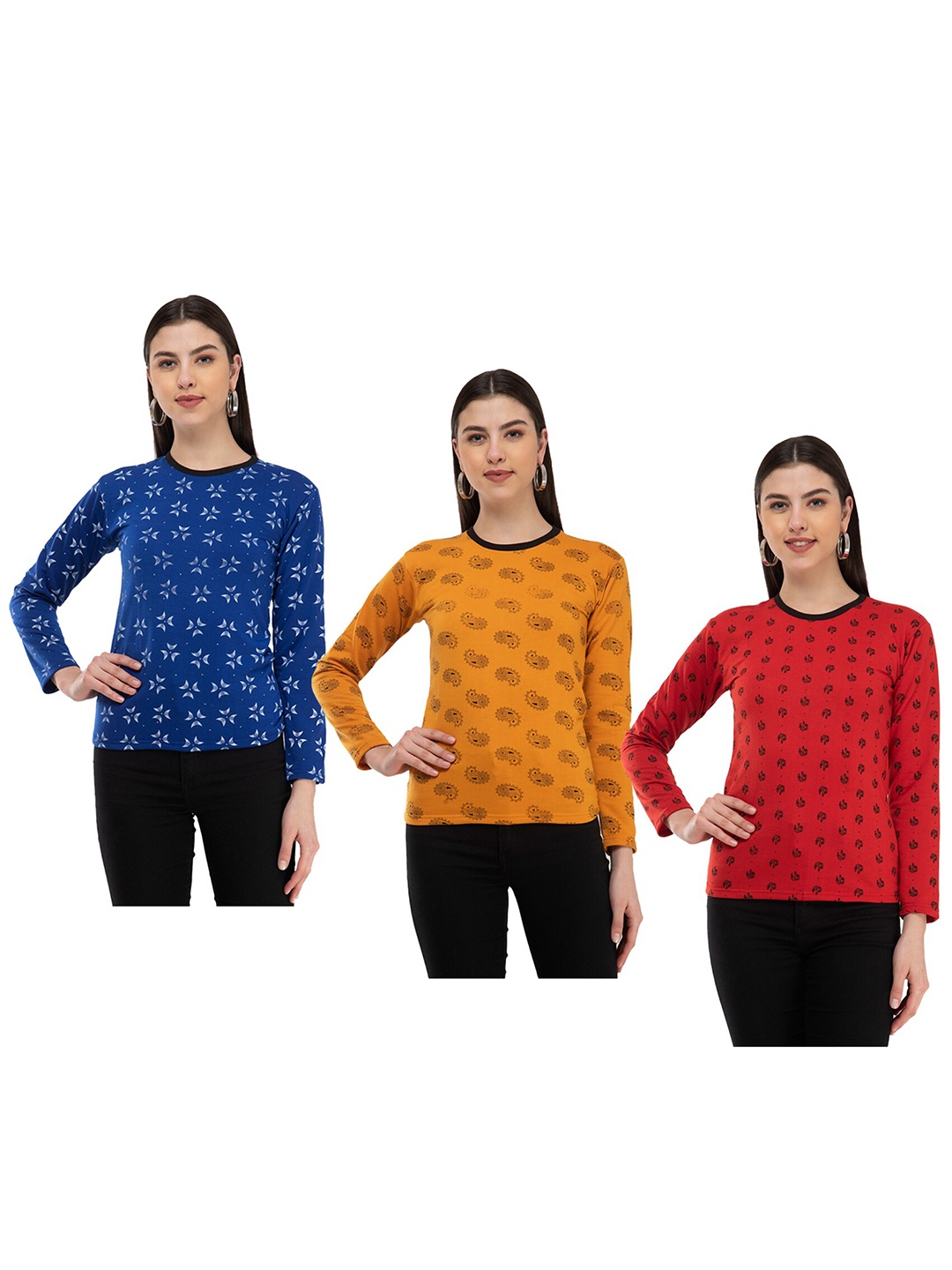 

IndiWeaves Pack Of 3 printed Round Neck Woolen T-shirt, Blue