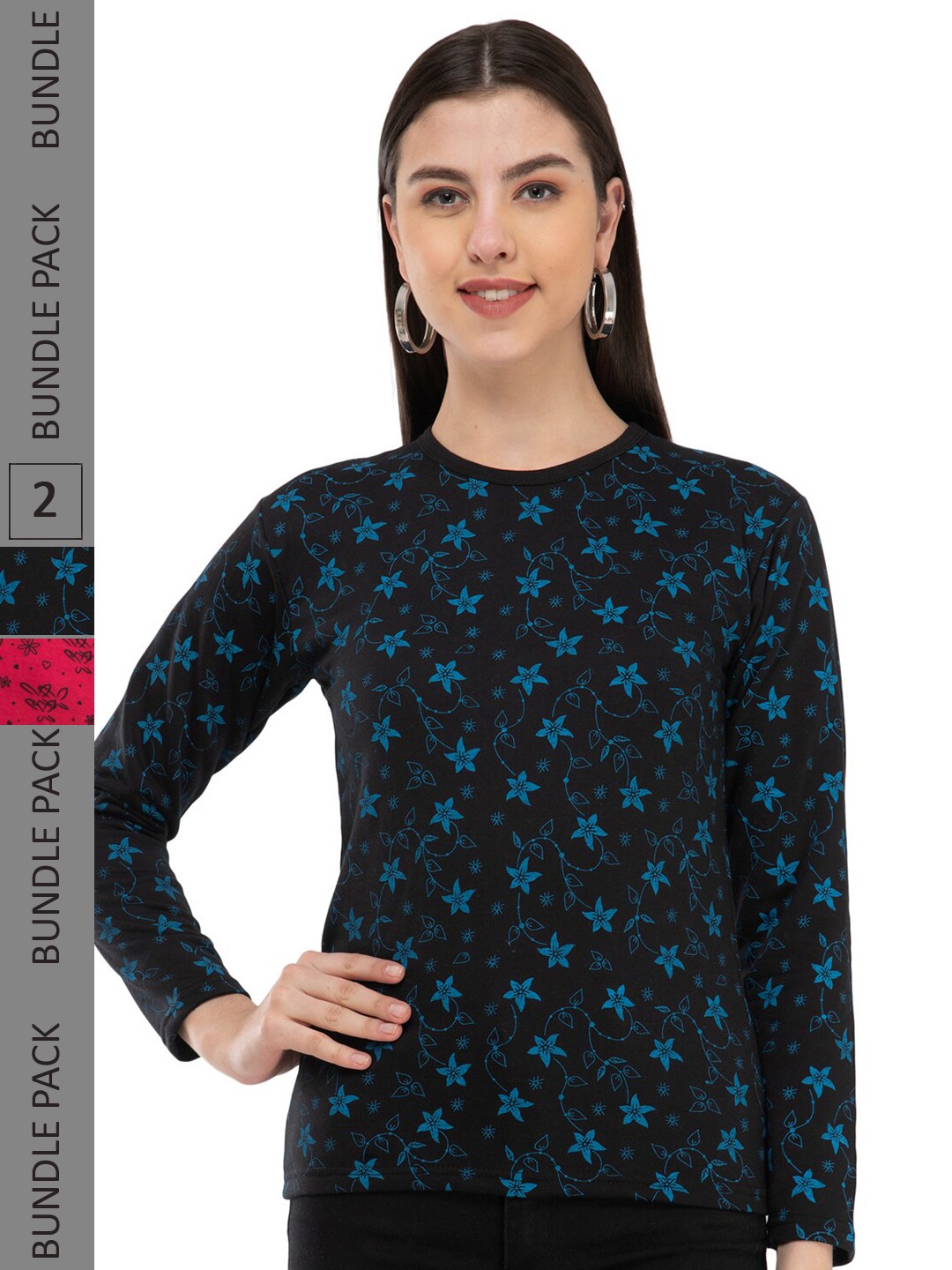 

IndiWeaves Pack Of 2 Floral Printed Long Sleeves Woolen T-shirt, Black