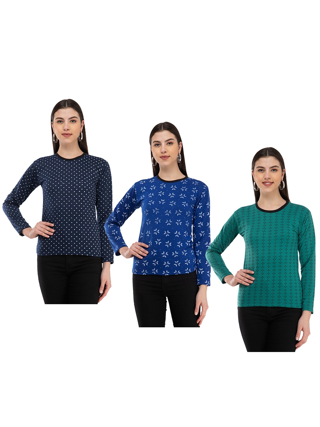 

IndiWeaves Pack of 3 Polka Dots Printed Woollen T-shirt, Blue