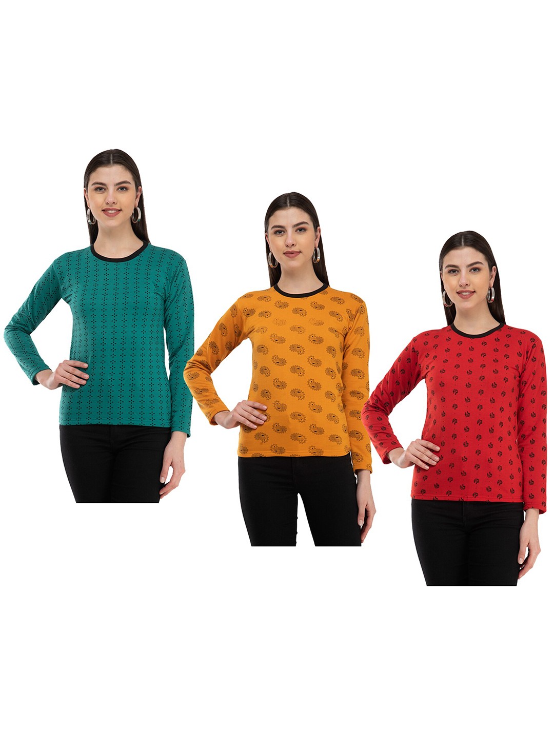 

IndiWeaves Pack Of 3 Floral Printed Long Sleeves Woolen T-shirt, Green